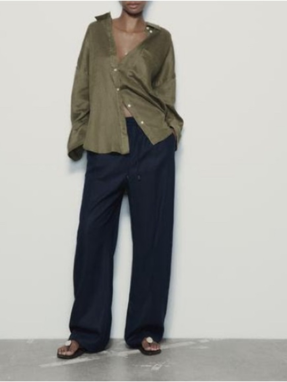 Zara Navy Blue Linen Blend Straight Pants